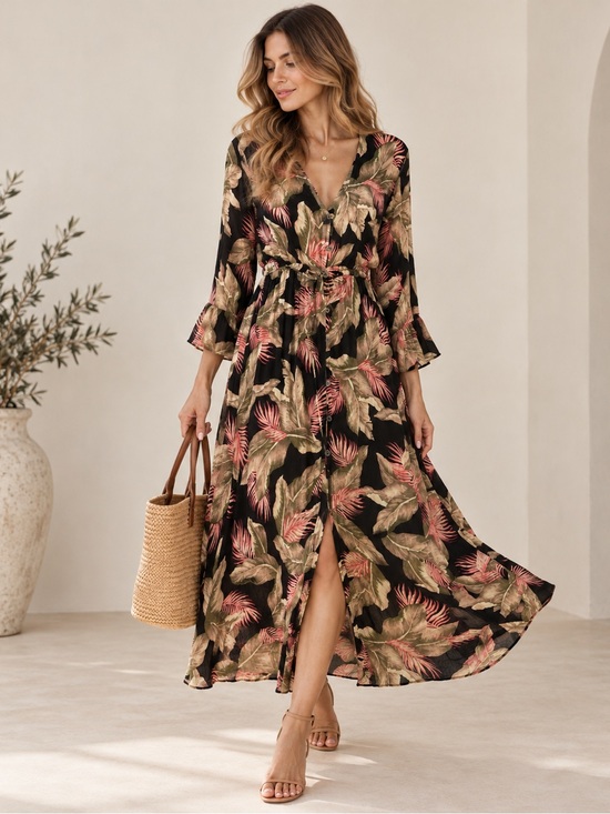 Billabong Dresses & Skirts - Billabong Black Maxi Dress with Olive and Pink Botanical Print size M